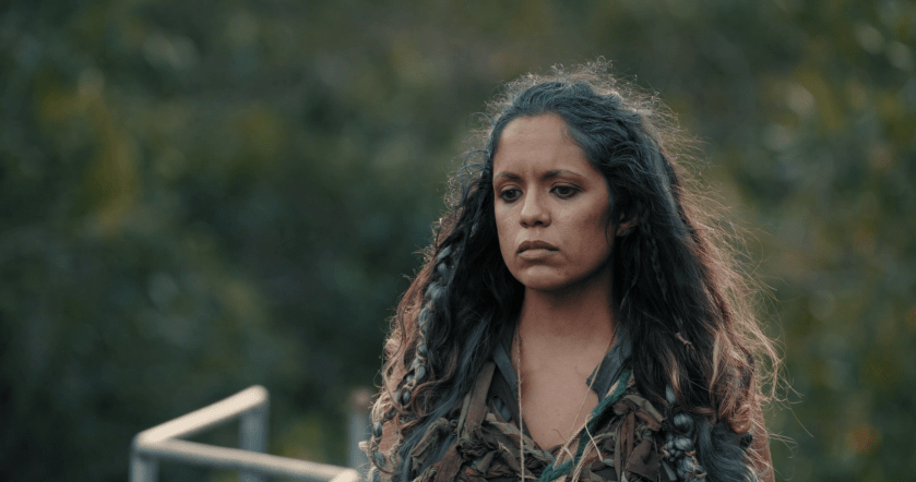 Teneille Newallo on the set of Magroves in character makeup.