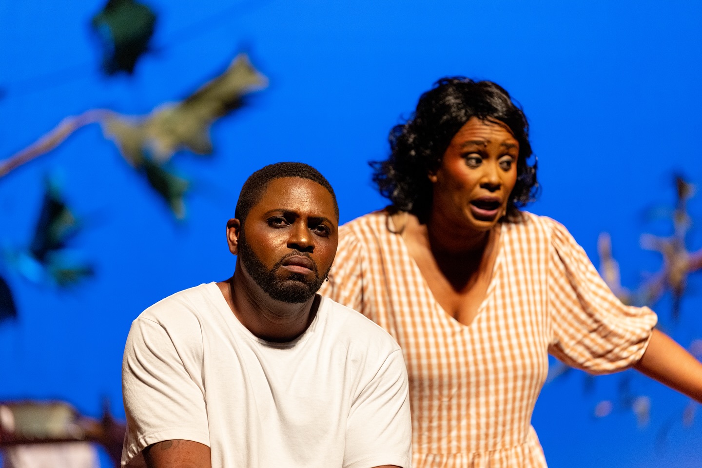 Kearn Samuel as 'Charlie' (right) and Louris Lee-Sing as 'Sophia Adams' in the National Theatre Arts Company of Trinidad and Tobago's 2025 revival of Moon on a Rainbow Shawl | Photo credit: JDVA Media